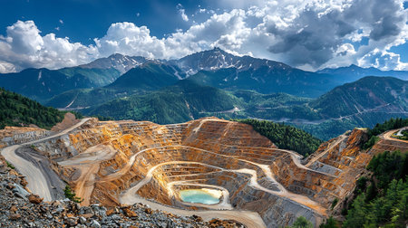 Panoramic view of an open pit mine with blue water and mountains in the backgroundの素材