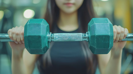 Beautiful asian woman lifting dumbbells in fitness gym.の素材
