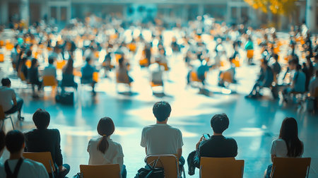 Back view of people waiting for flight at airport terminal, blurred backgroundの素材