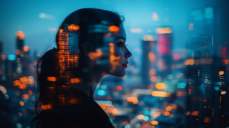 Double exposure of businesswoman and modern city at night, double exposureの素材