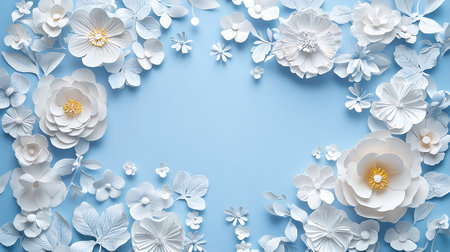 Paper cut white flowers on blue background with copy space. 3D illustrationの素材