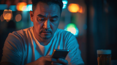 Portrait of a young asian man using mobile phone at nightの素材
