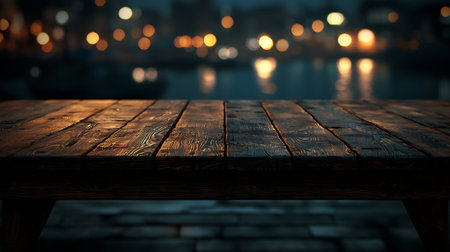 Empty wooden table background with bokeh light of the city.の素材