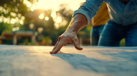 Architect working on blueprint at construction site. Construction engineer concept.の素材