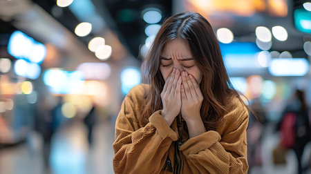 Woman feel sick and sneezing in the shopping mall blur backgroundの素材