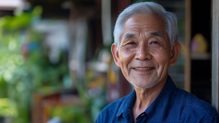 Portrait of happy asian senior man smiling and looking at cameraの素材