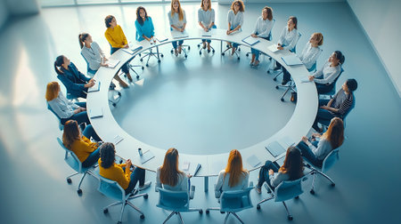 Business people sitting around a round table in a conference room and having a meetingの素材