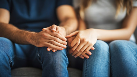 cropped shot of man and woman holding hands on sofa at homeの素材