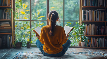 Young woman sitting on the floor and reading a book at home.の素材