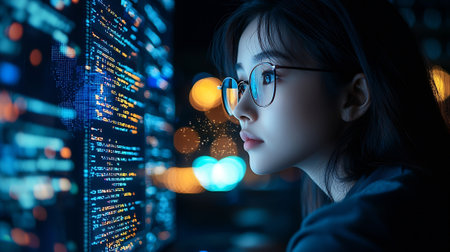 Portrait of a beautiful asian woman wearing eyeglasses and programming code on the computer.の素材