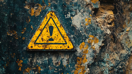 Warning sign with exclamation mark on a rusty metal wall background.の素材