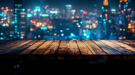 Empty wooden table with night city background, product display montage.の素材