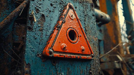 Close up of old rusty metal industrial door with red warning triangle.の素材