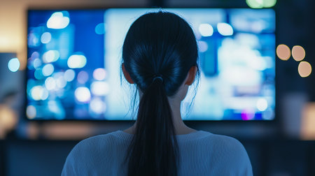 Rear view of woman watching tv at home in the living roomの素材