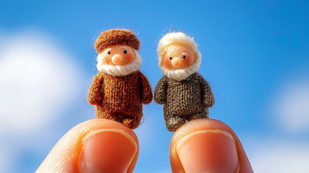 Two knitted snowmen on the palm of your hand against the blue skyの素材