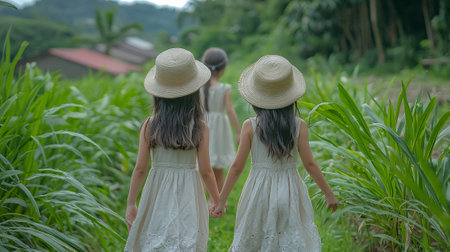 Back view of two girls wearing white dresses and straw hats holding hands and walking in the cornfield.の素材