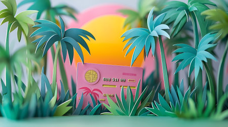 Credit card on the background of palm trees. 3d illustration.の素材