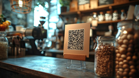 Qr code on bar counter in cafe. QR code scan conceptの素材