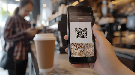 hand holding mobile phone with QR code on screen and coffee shop backgroundの素材