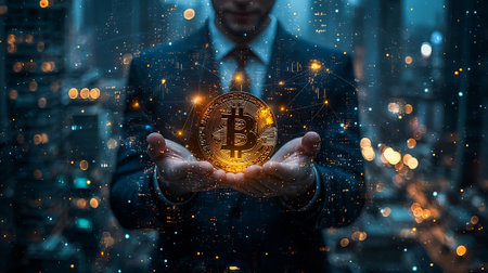 Businessman holding bitcoin cryptocurrency on blurred city background. Cryptocurrency concept.の素材