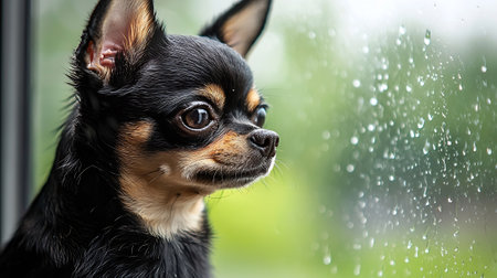 Chihuahua dog in the rain. Chihuahua dog in the rain. Black-brown-white color.の素材