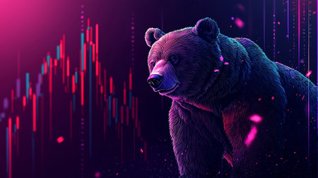 Digital illustration of a bear in front of a colorful background with graphの素材