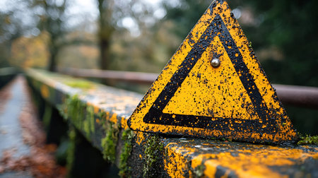 Yellow warning sign on the bridge. Selective focus with shallow depth of fieldの素材