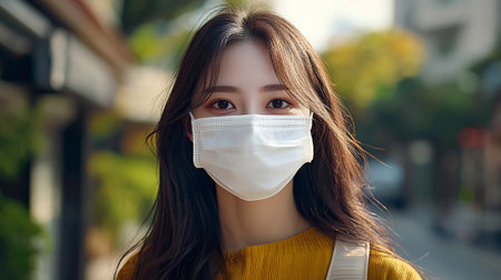 Young woman wearing medical mask in the city. COVID-19 concept.の素材