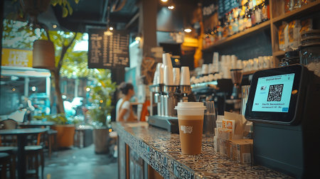 QR code reader in coffee shop.の素材