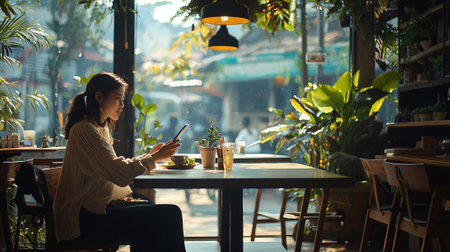Young woman using mobile phone while sitting in a coffee shop. Woman using mobile phone in cafe.の素材
