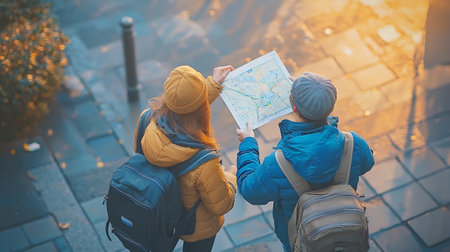 travel, tourism, hike and people concept - group of tourists with backpacks and map exploring cityの素材