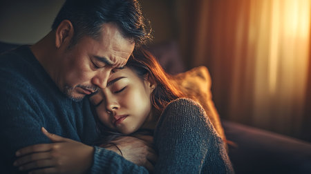 Asian couple in love hugging and kissing on sofa in living room at homeの素材