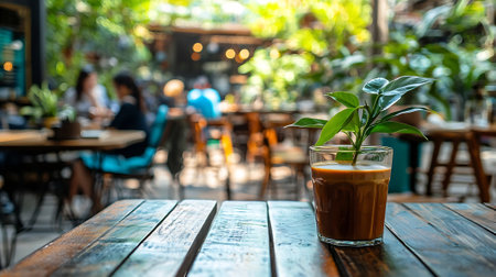 Iced coffee on wood table in coffee shop cafe, stock photoの素材