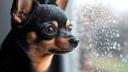 Chihuahua dog on the background of a window with rain dropsの素材