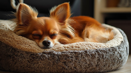 Cute chihuahua dog lying on soft pillow at homeの素材