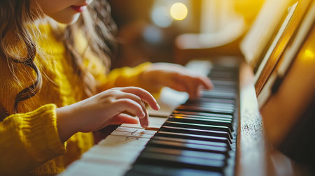 Little girl learning to play the piano. The concept of learning to play the piano.の素材