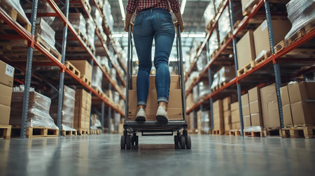 Rear view of female worker pushing trolley in warehouse. This is a freight transportation and distribution warehouse. Industrial and industrial workers conceptの素材