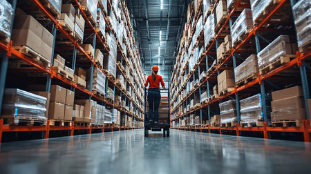 Rear view of a male worker working in a warehouse. This is a freight transportation and distribution warehouse. Industrial and industrial workers conceptの素材