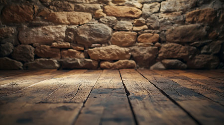Old wooden floor and stone wall background. Vintage tone filter effect color style.の素材