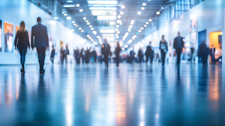 Blurred image of people walking in trade show expo background.の素材