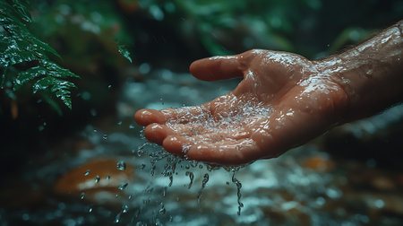 Closeup of human hand with water drops flowing in the forest.の素材