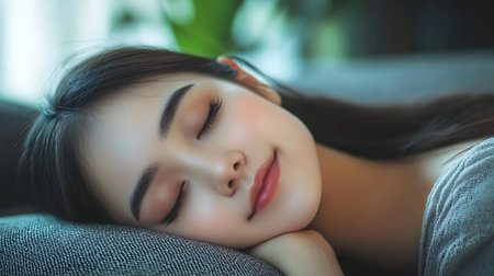 Beautiful asian woman sleeping on sofa in living room at homeの素材