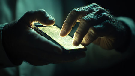 Hands of a man using a mobile phone in a dark roomの素材