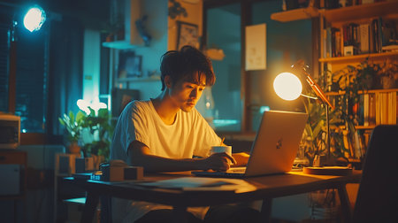 Young asian man working on laptop computer at night at home.の素材