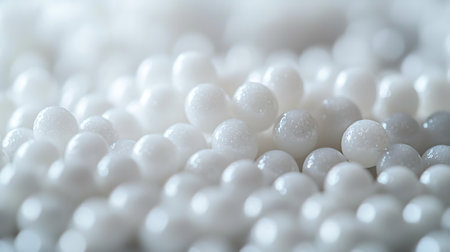 Macro of white plastic beads. Abstract background and texture for design.の素材
