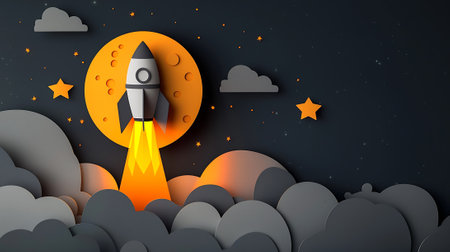 Rocket flying in the night sky. Paper art style. Vector illustration.の素材