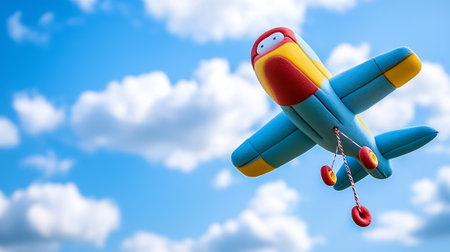 Plastic toy airplane in the blue sky. 3d rendering.の素材