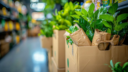 Plant in paper bag on shelf in grocery store, stock photoの素材