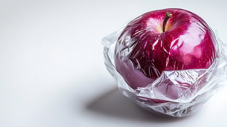 Ripe red apple in plastic bag on white background, copy spaceの素材
