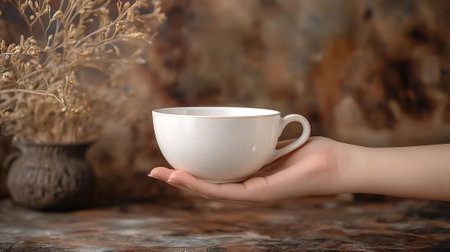 Female hand holding cup of coffee on grunge background, closeupの素材